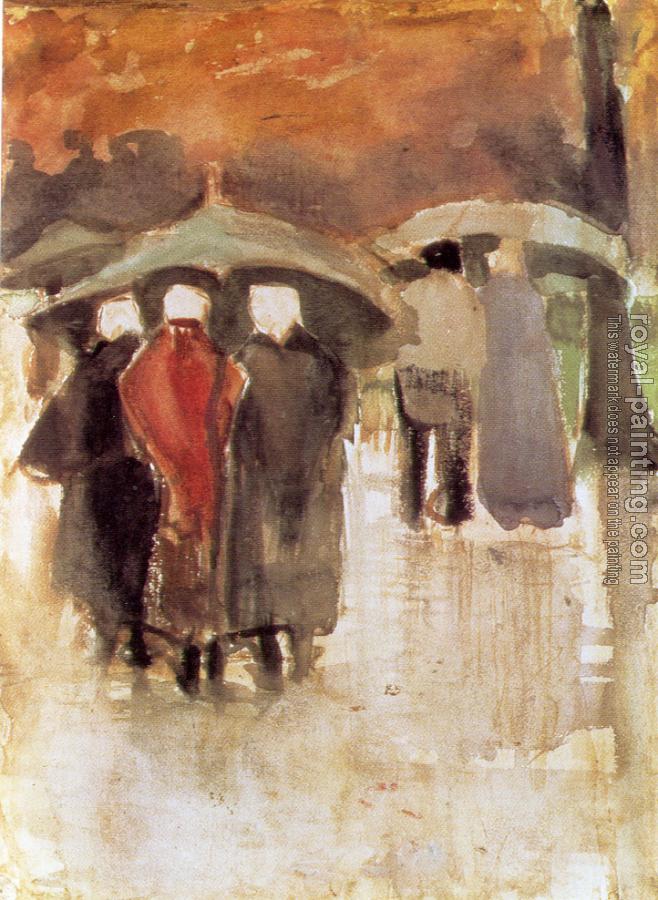Vincent Van Gogh : Scheveningen women and other people under umbrellas
